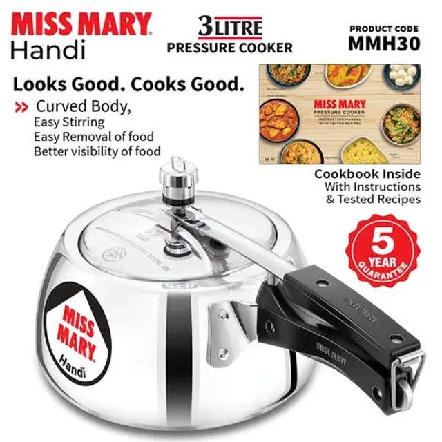 Hawkins Miss Mary Aluminium Inner Lid Handi Pressure Cooker - With Handle, Silver, MMH30, 3 l-4.webp